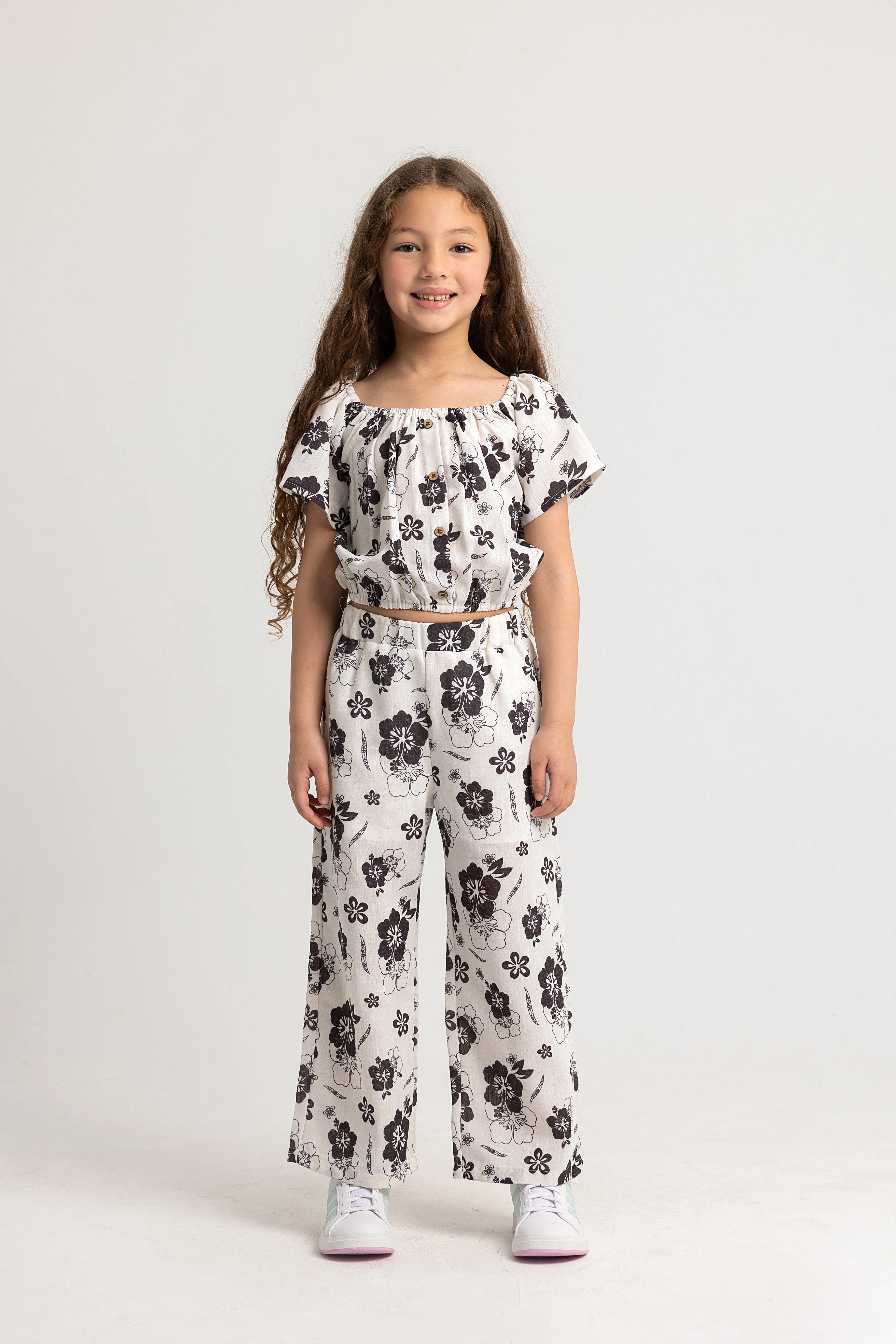 Ensemble pour Fille en Polyester – Imprimé Floral, 2 Pièces à Manches Courtes