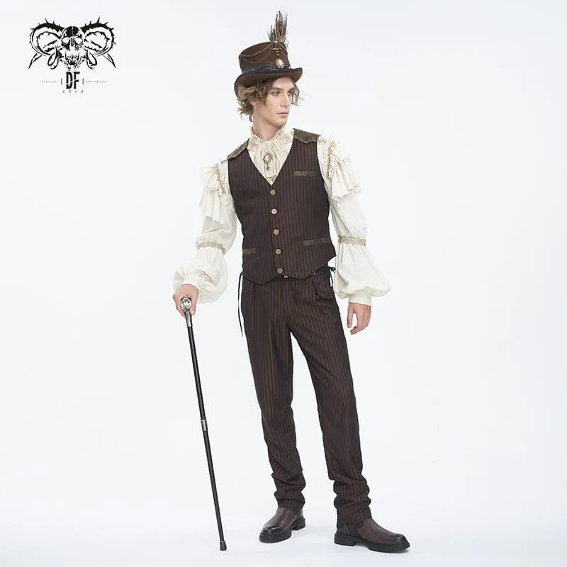 Pantalon Gothique Homme à Haute Taille avec Lacets et Rayures Café