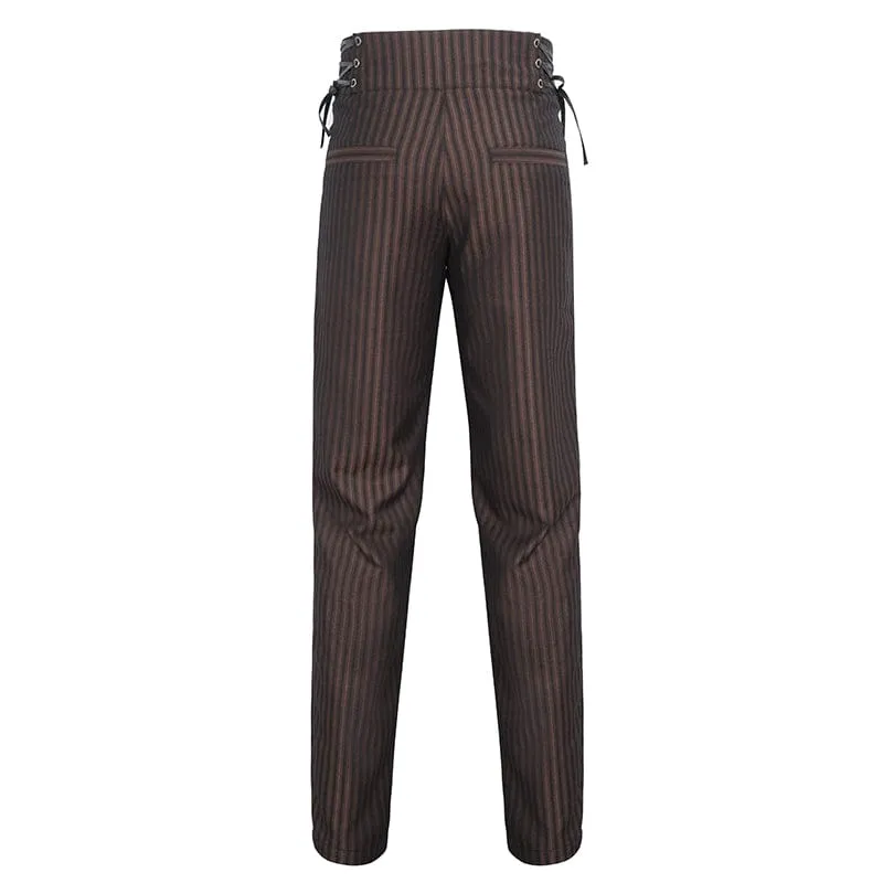 Pantalon Gothique Homme à Haute Taille avec Lacets et Rayures Café