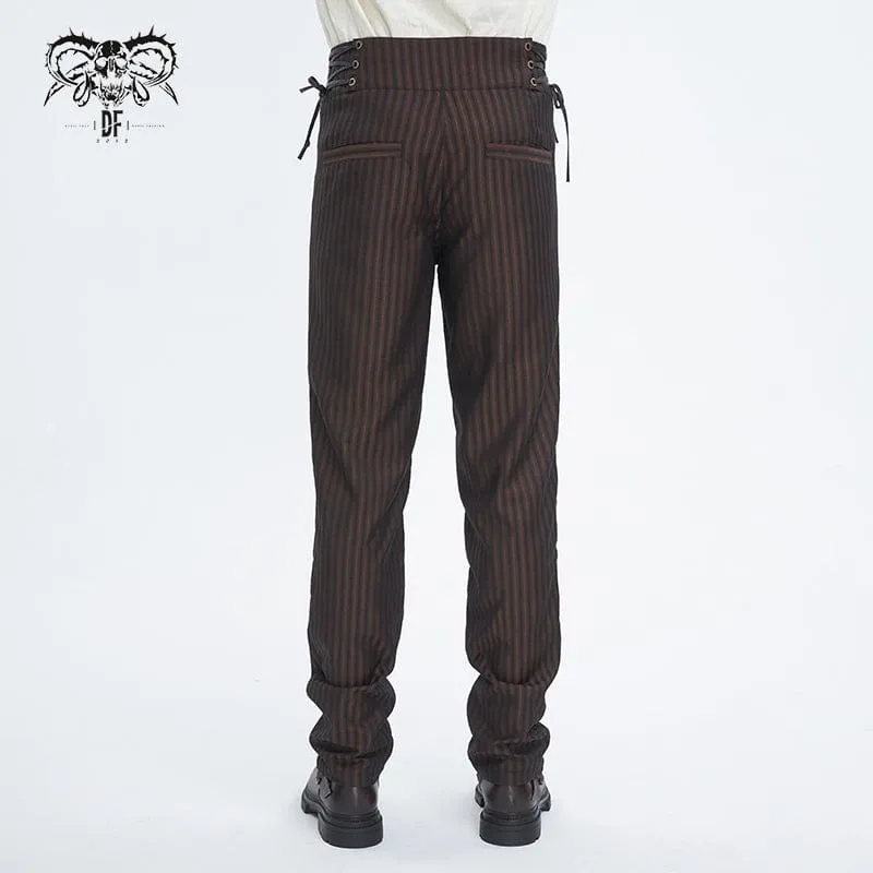 Pantalon Gothique Homme à Haute Taille avec Lacets et Rayures Café