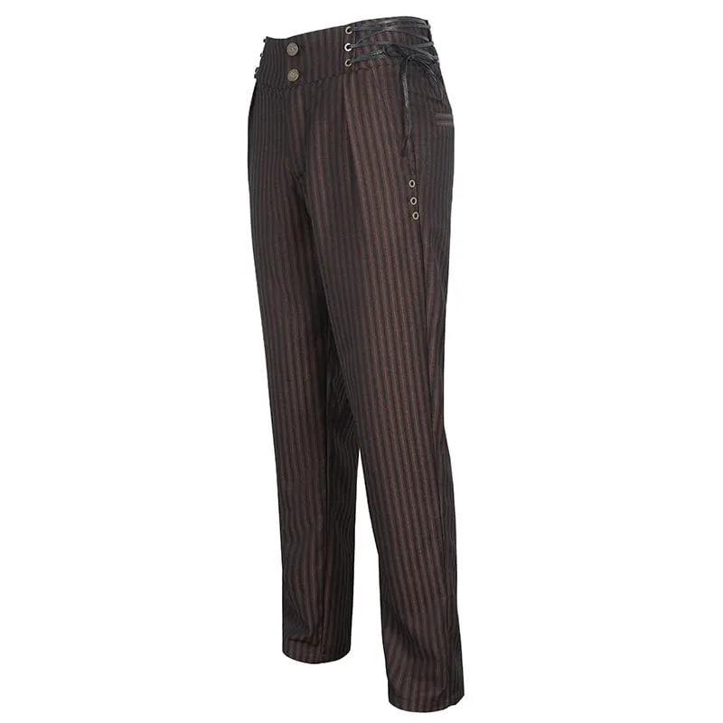 Pantalon Gothique Homme à Haute Taille avec Lacets et Rayures Café
