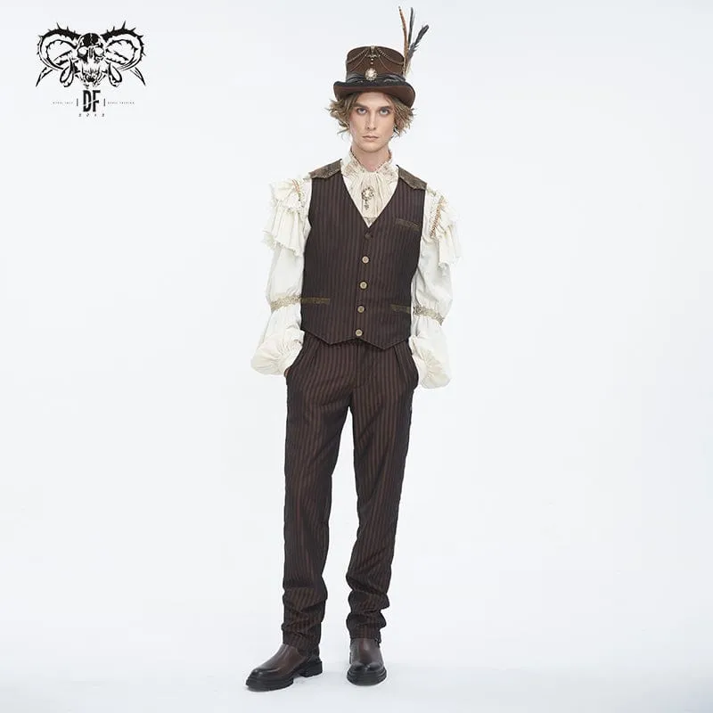 Pantalon Gothique Homme à Haute Taille avec Lacets et Rayures Café