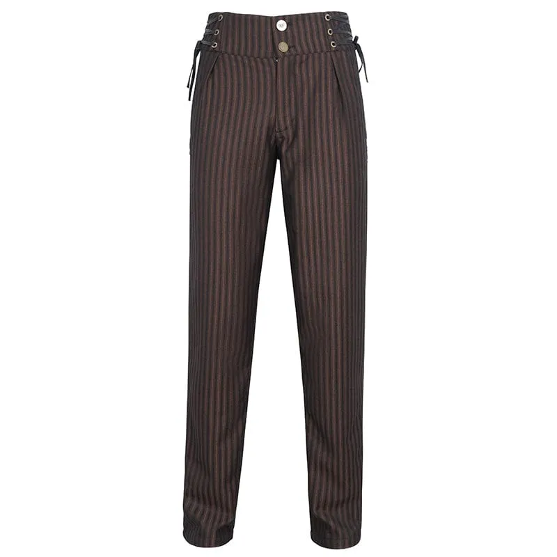 Pantalon Gothique Homme à Haute Taille avec Lacets et Rayures Café