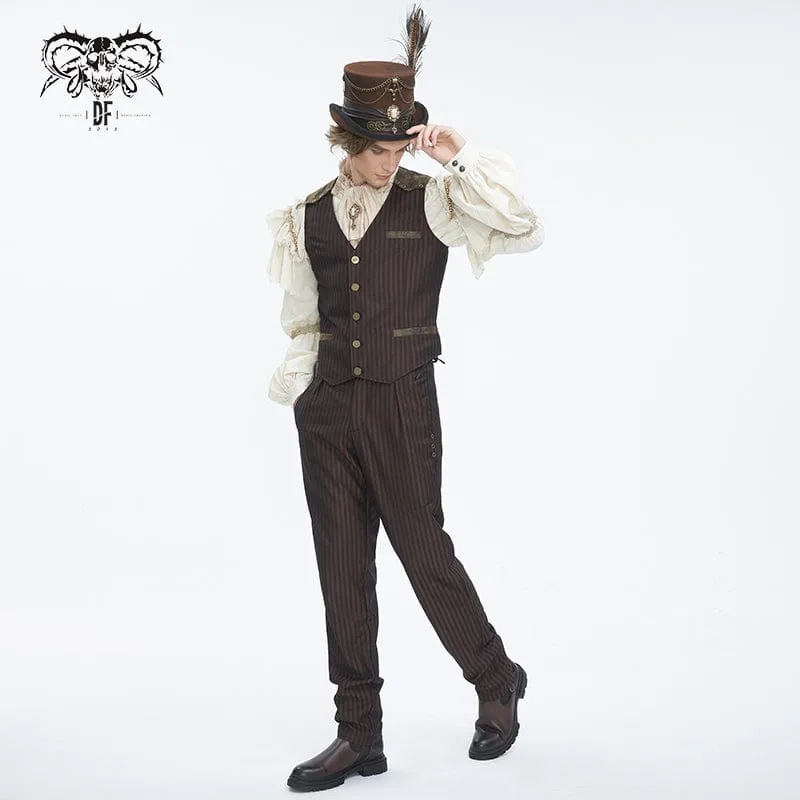 Pantalon Gothique Homme à Haute Taille avec Lacets et Rayures Café