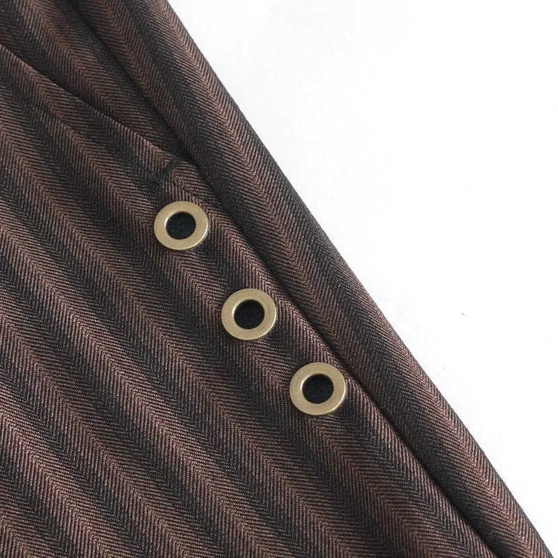 Pantalon Gothique Homme à Haute Taille avec Lacets et Rayures Café