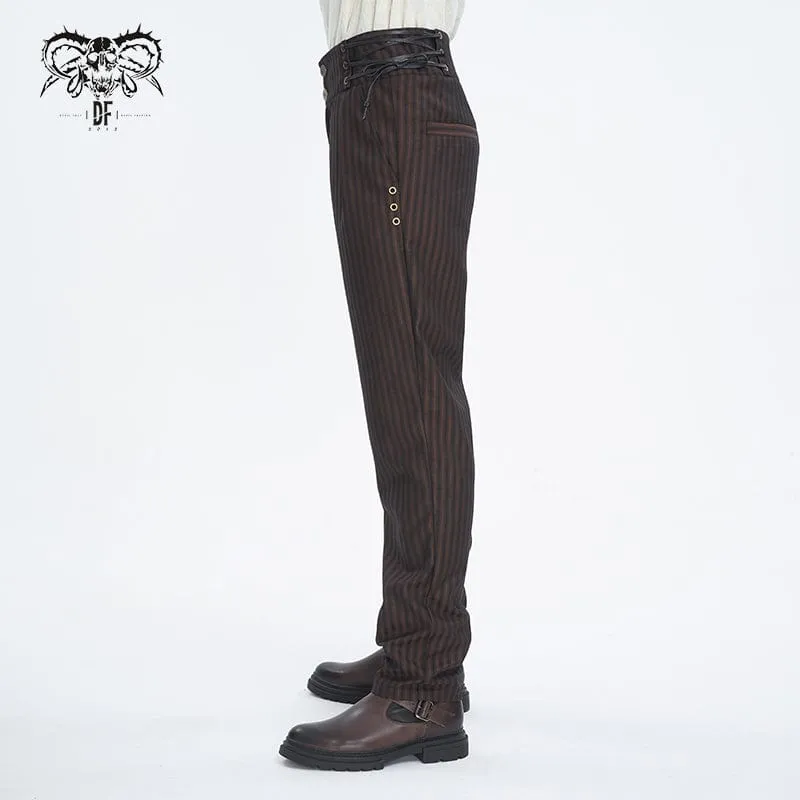 Pantalon Gothique Homme à Haute Taille avec Lacets et Rayures Café