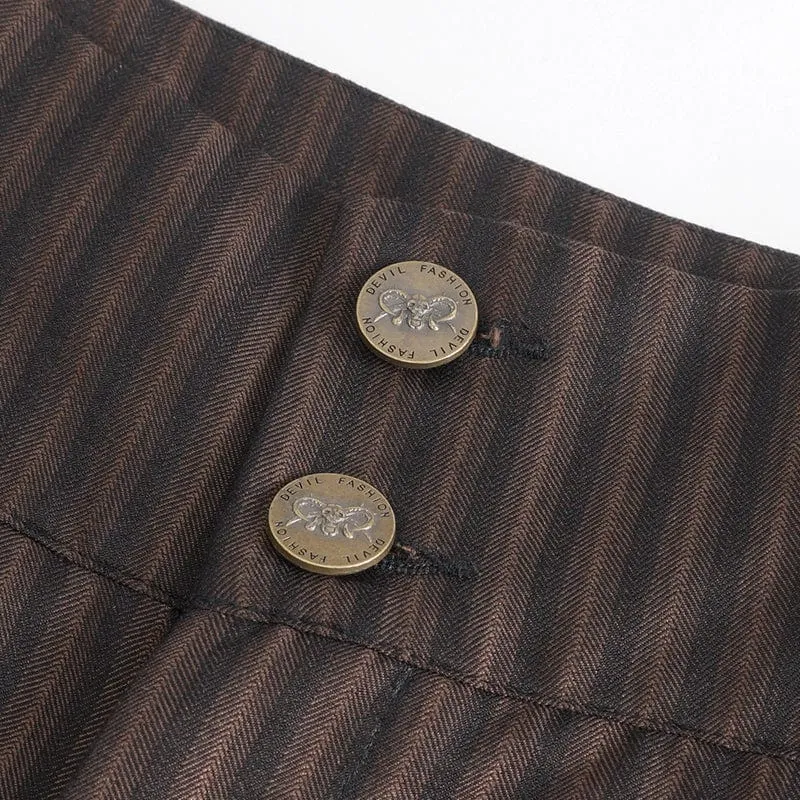 Pantalon Gothique Homme à Haute Taille avec Lacets et Rayures Café