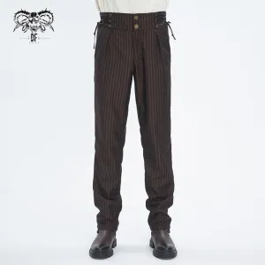 Pantalon Gothique Homme à Haute Taille avec Lacets et Rayures Café