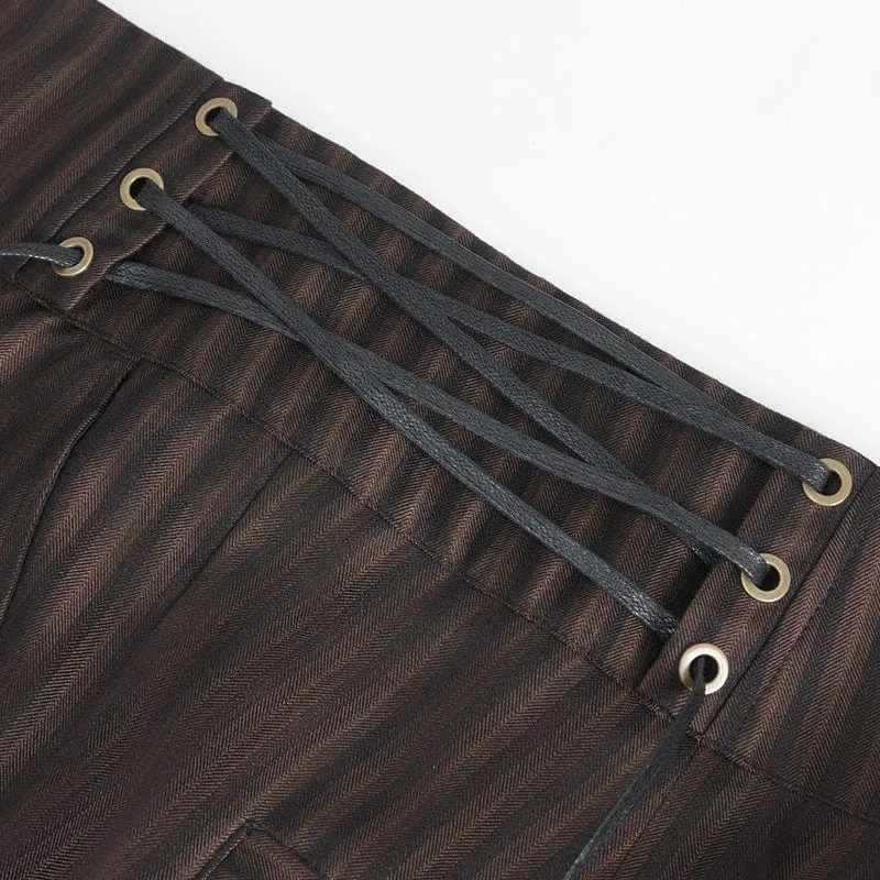 Pantalon Gothique Homme à Haute Taille avec Lacets et Rayures Café