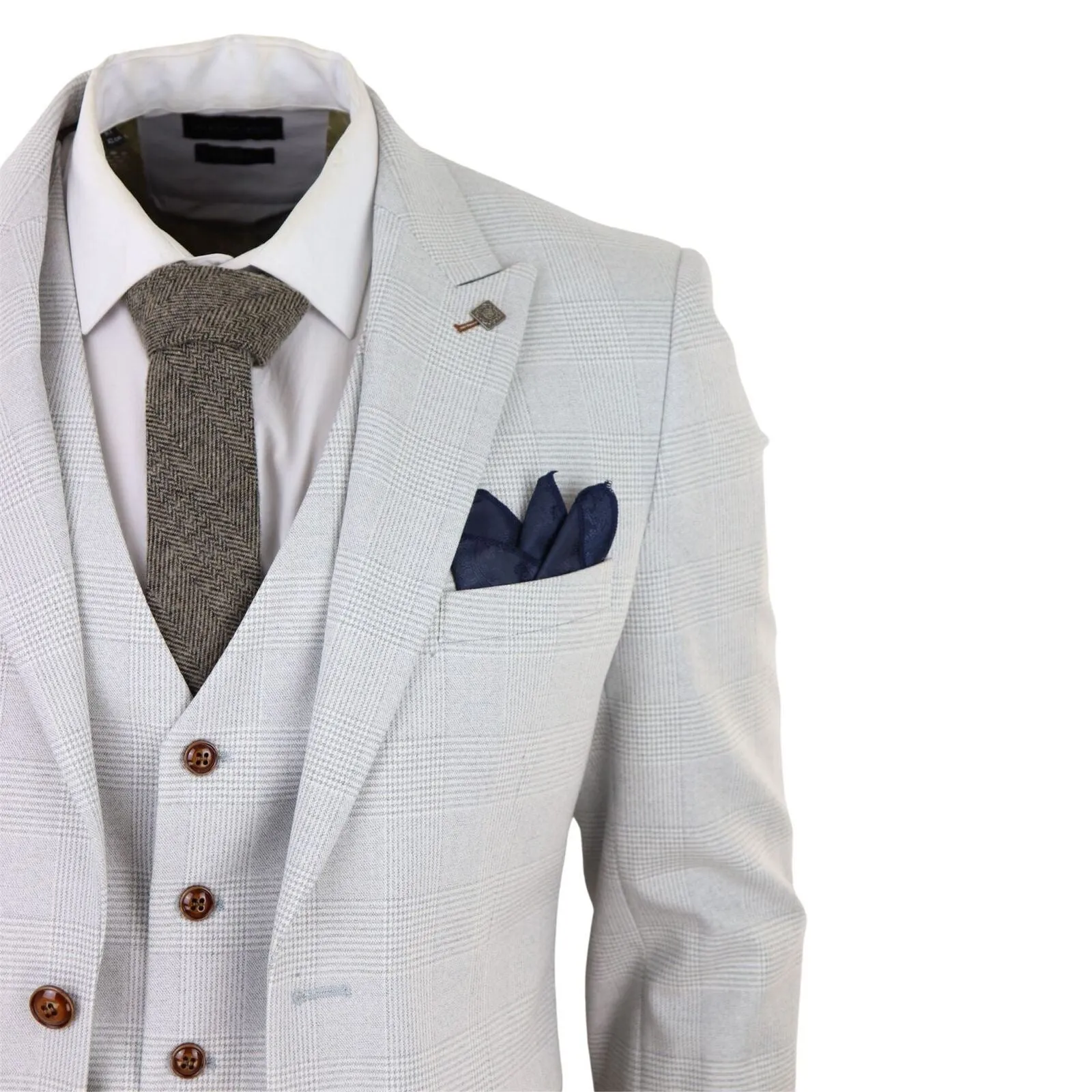 Costume trois pièces en tweed gris pierre à motif carreaux pour homme
