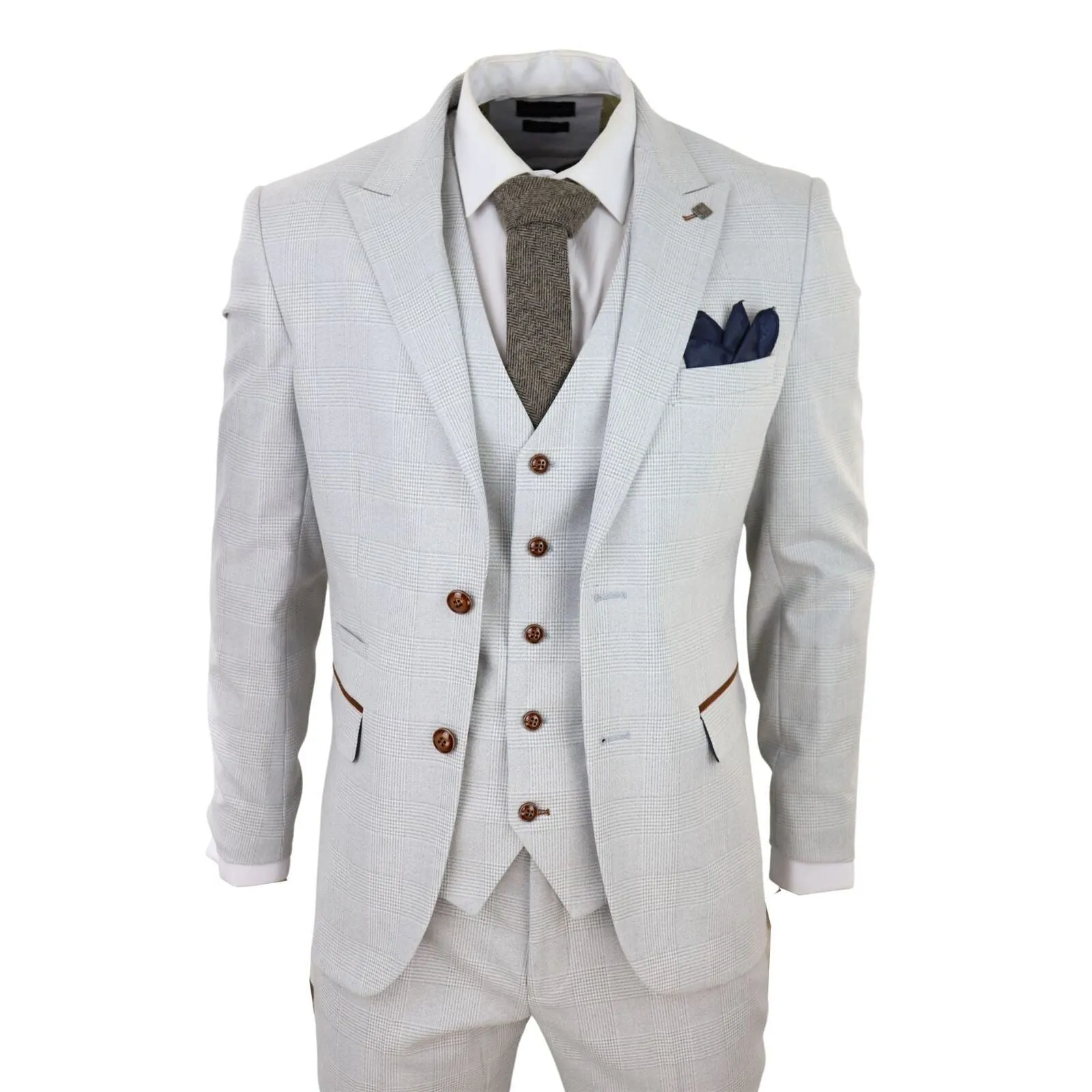 Costume trois pièces en tweed gris pierre à motif carreaux pour homme