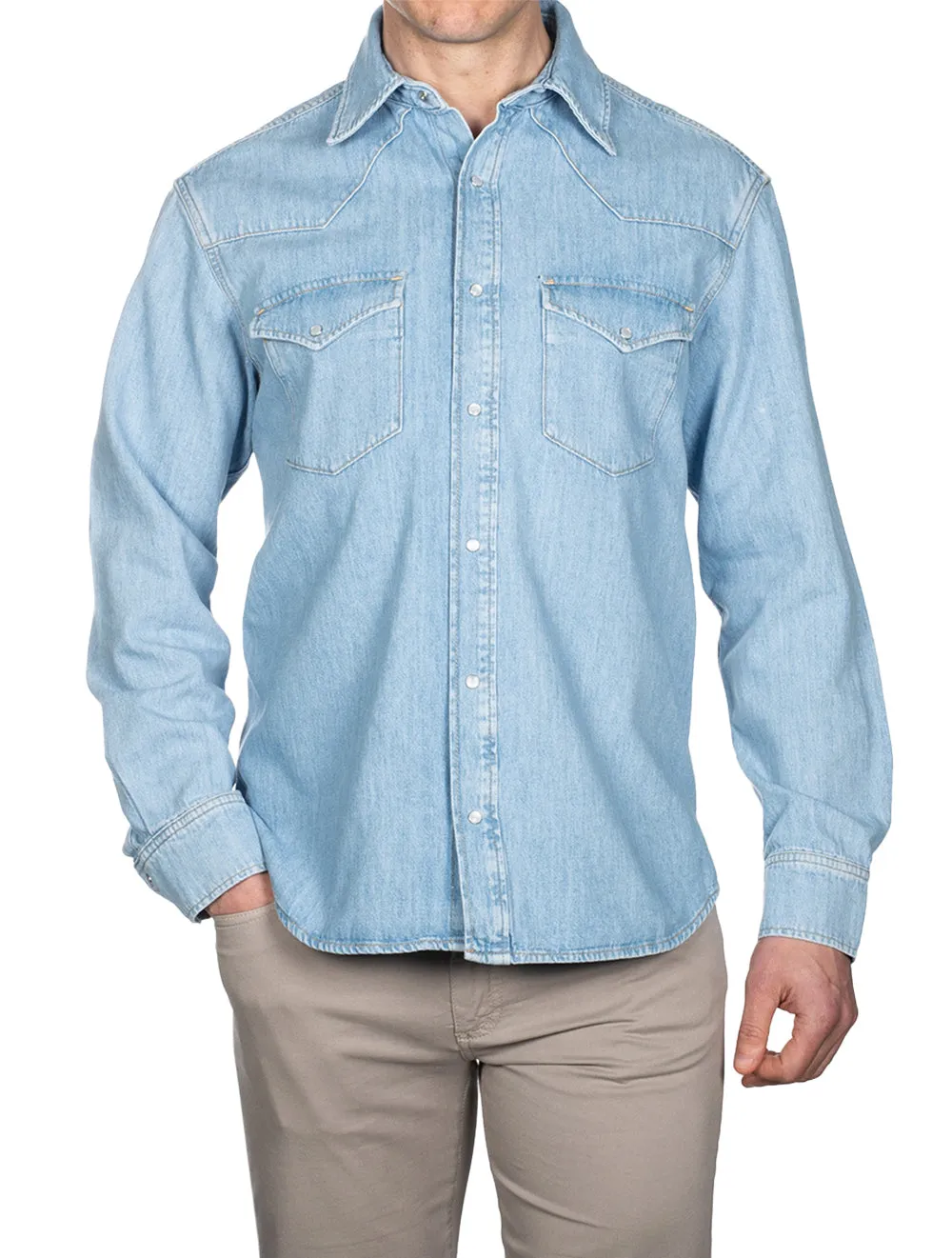Chemise western en denim ajustement décontracté bleu clair effet usé