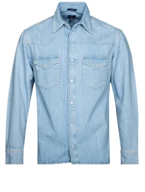 Chemise western en denim ajustement décontracté bleu clair effet usé