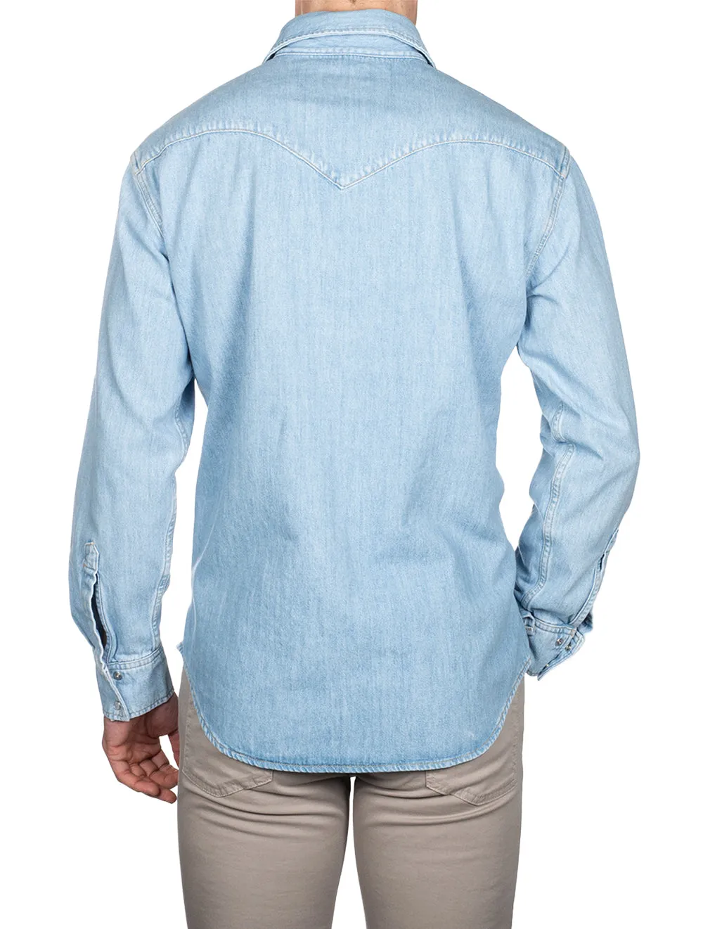 Chemise western en denim ajustement décontracté bleu clair effet usé