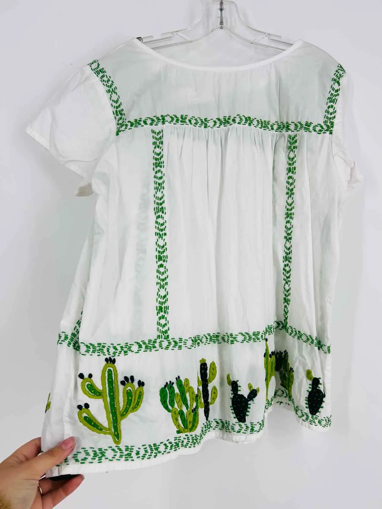 Top Sister Mary Taille L Blanc/Vert Brodé Cactus Manches Courtes