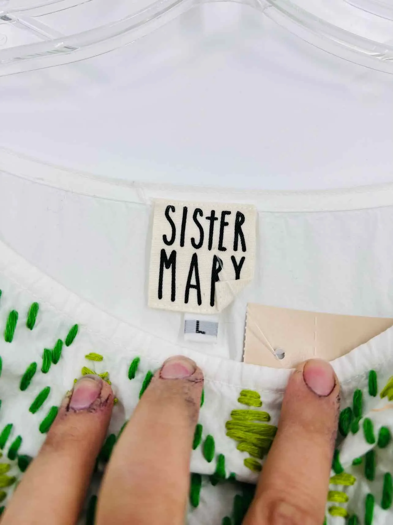 Top Sister Mary Taille L Blanc/Vert Brodé Cactus Manches Courtes