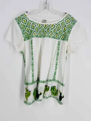 Top Sister Mary Taille L Blanc/Vert Brodé Cactus Manches Courtes