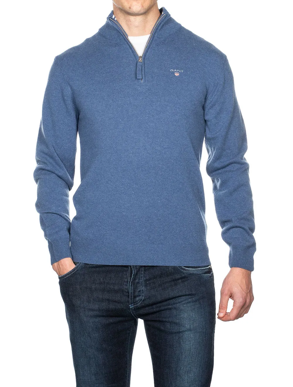Pull en laine superfine demi-zip mélange bleu pierre