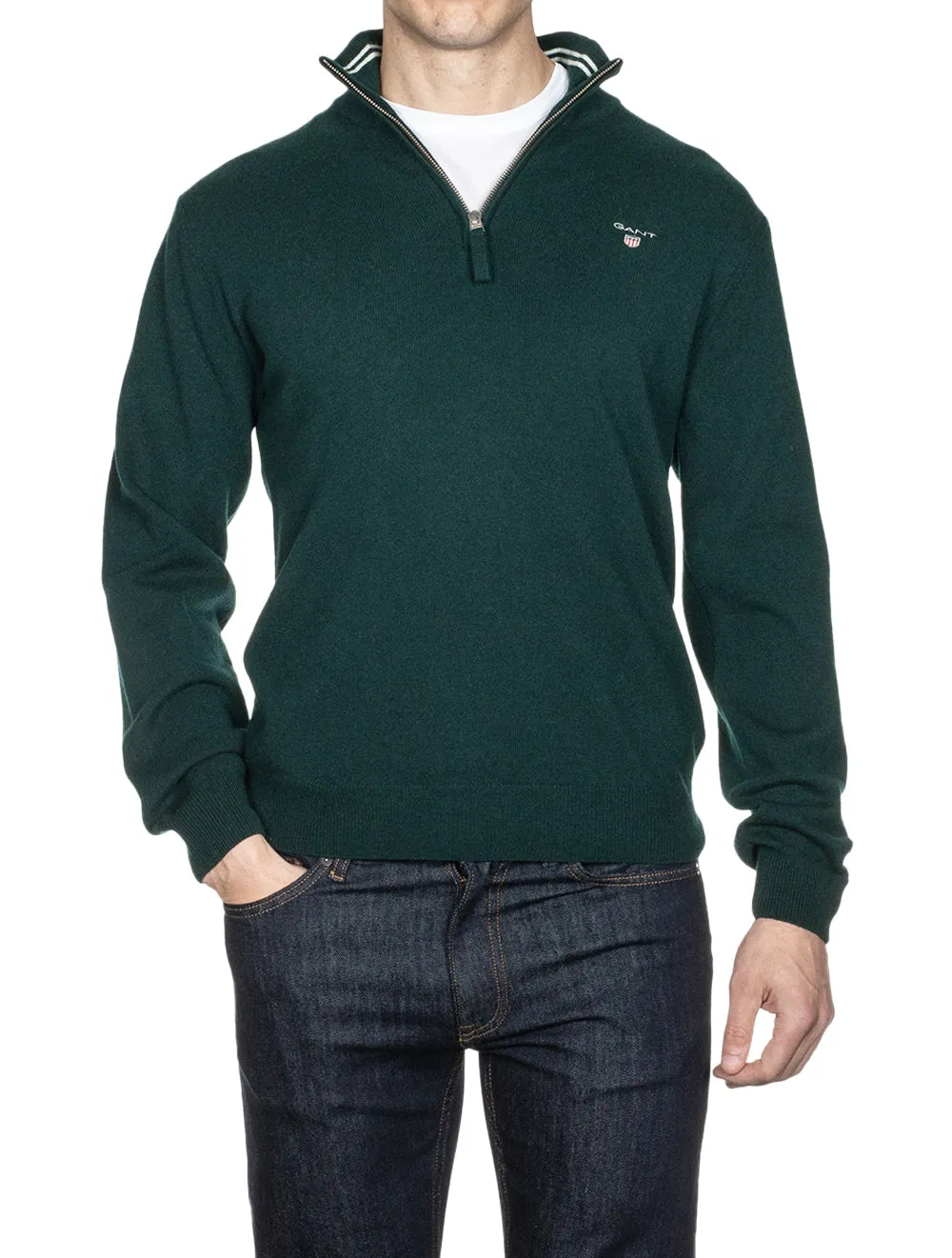 Pull Super Fin en Laine d'Agneau à Demi-Zip Vert Tartan