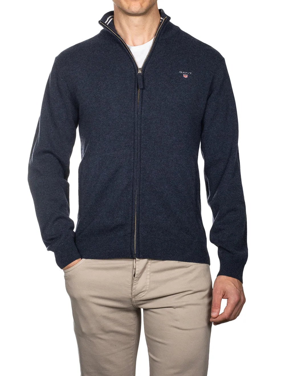 Cardigan Super Fine en Laine Mérinos à Fermeture Éclair Bleu Marine Mélangé