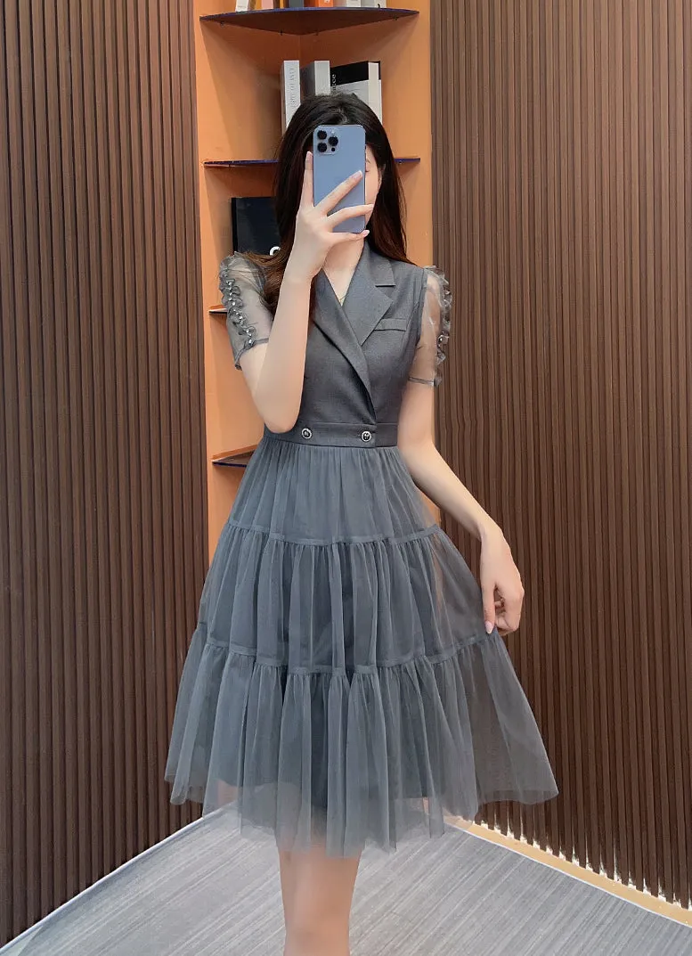 Robe élégante à manches courtes pour femme avec patchwork en mesh
