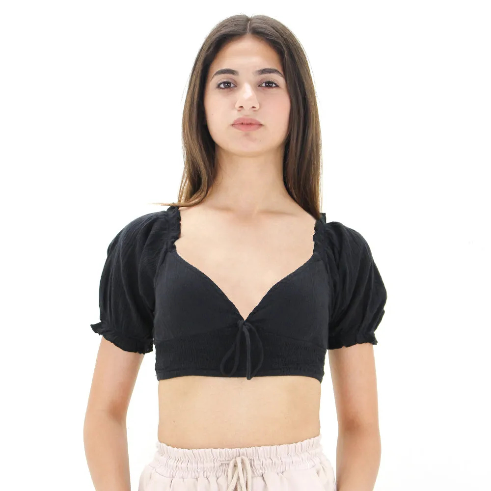 Haut court en coton à volants pour femme, Noir