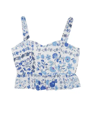 Haut court imprimé floral pour femmes, Bleu/Blanc
