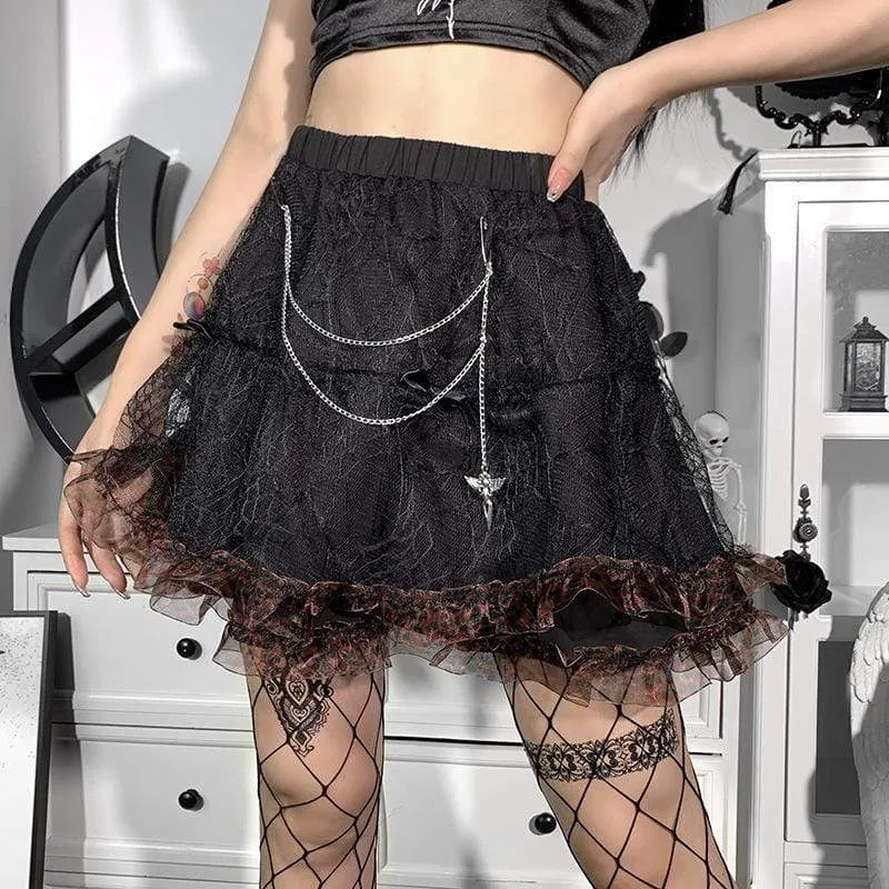 Jupe gothique pour femme à double couleur superposée avec chaîne