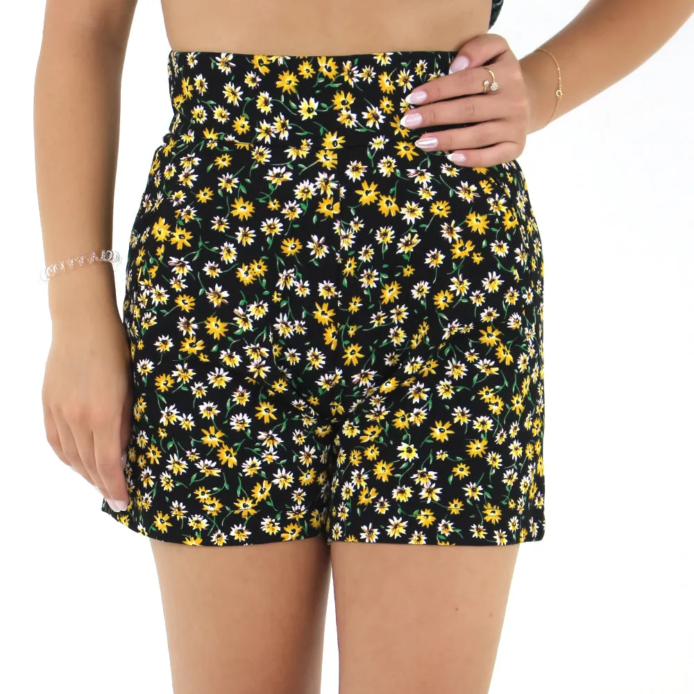 Short floral féminin à taille haute, Noir