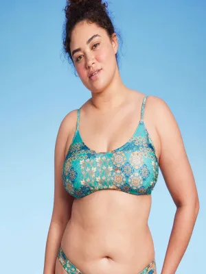 Haut de bikini en patchwork imprimé pour femmes, Bleu