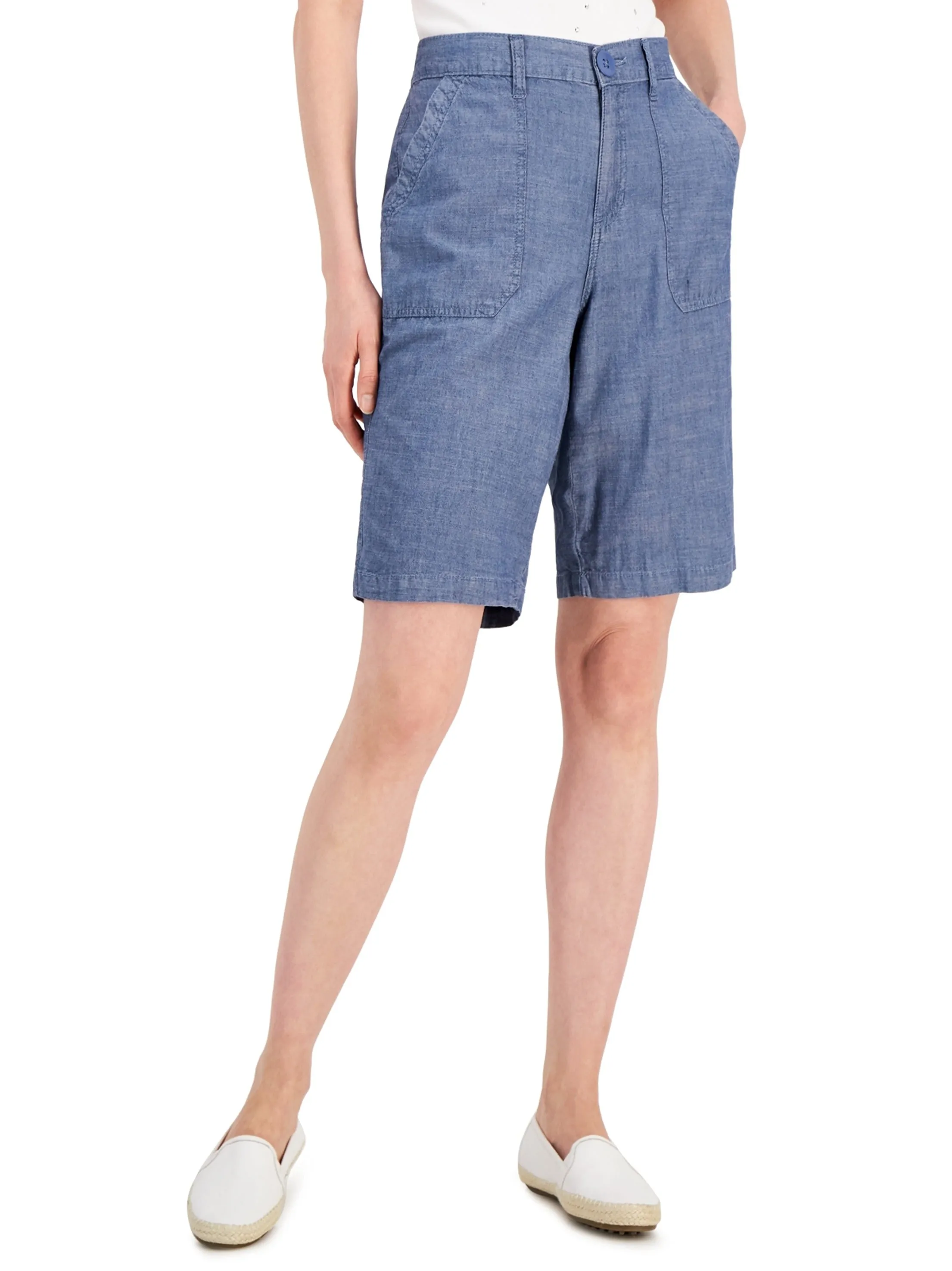 Short en coton uni pour femmes, Bleu