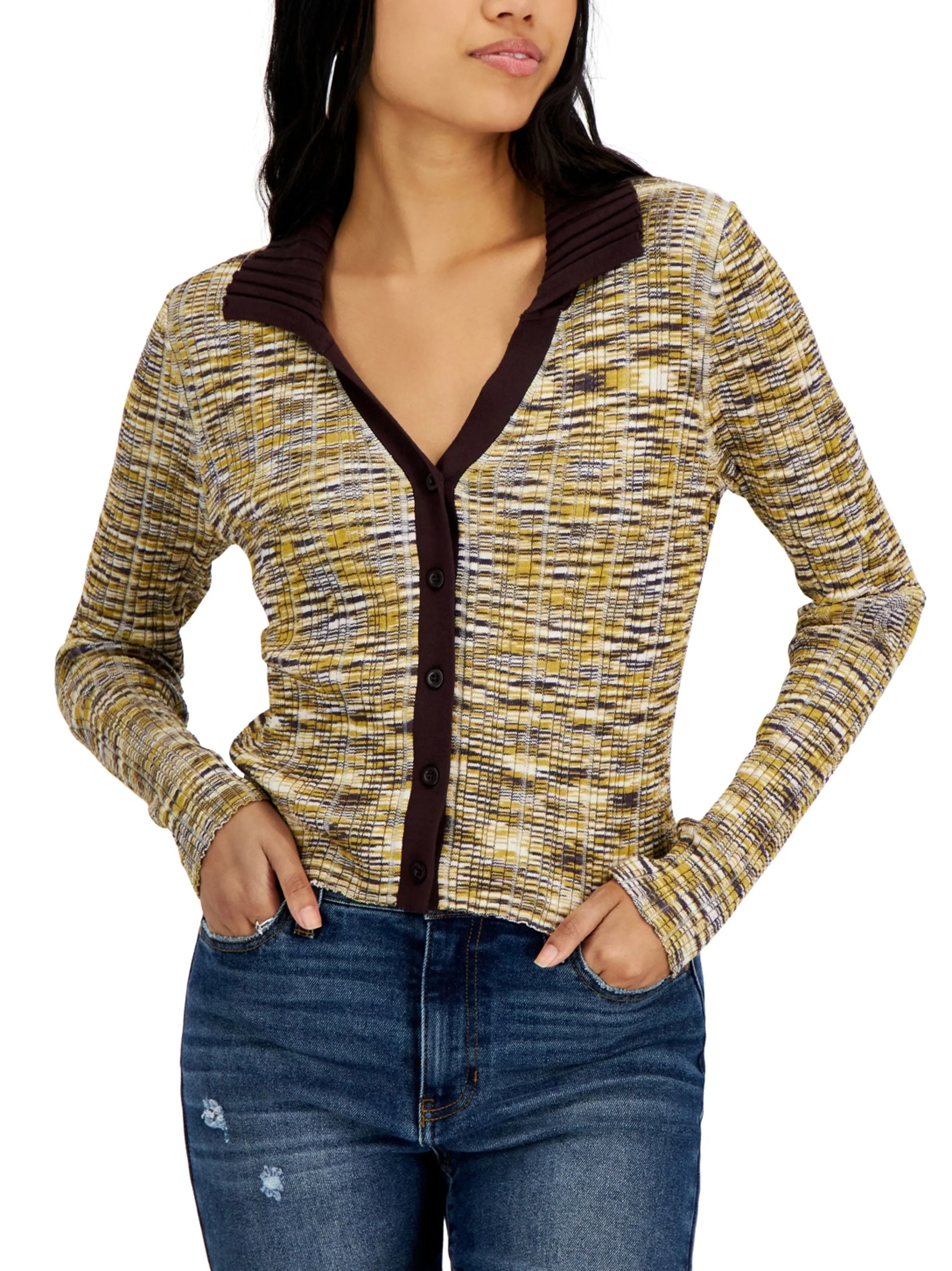 Pull cardigan à col ras du cou côtelé pour femmes, Multi