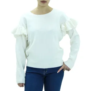 Pull à manches longues à volants pour femme, Blanc
