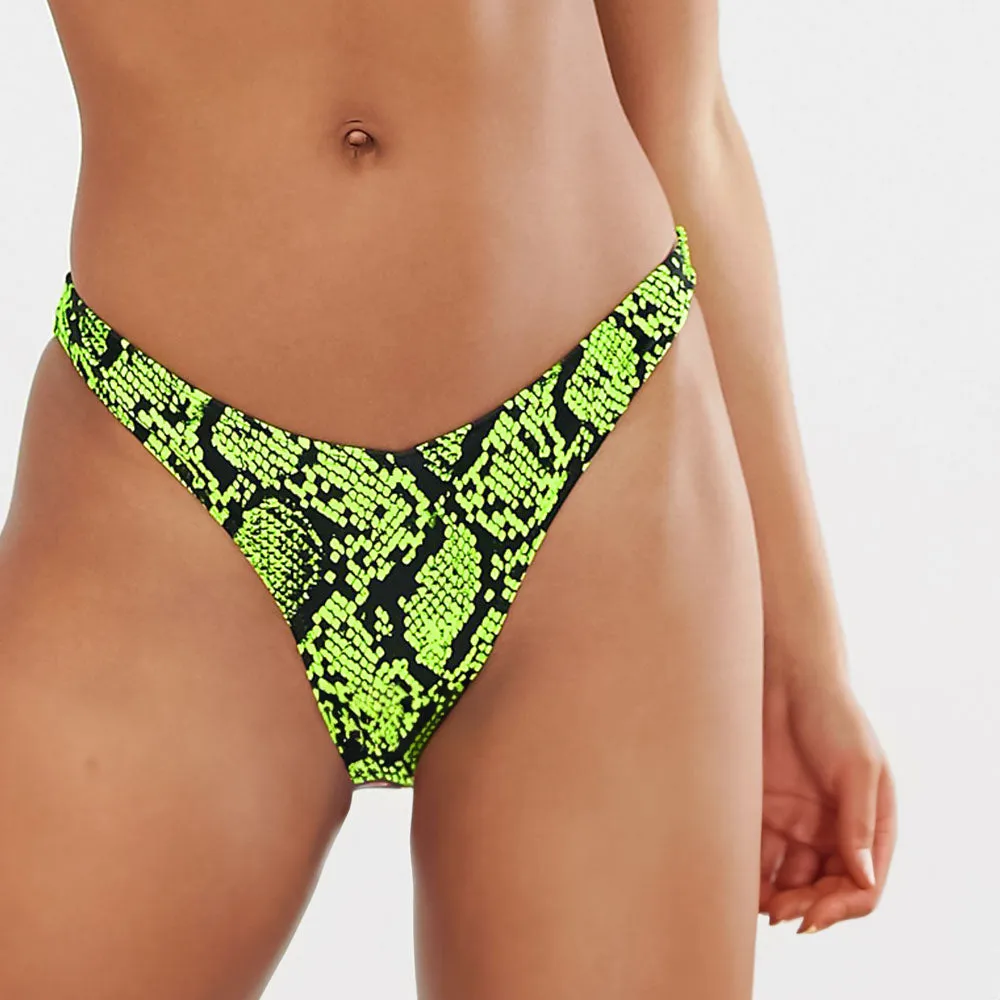 Slip de Bikini Femme à Imprimé Serpent, Vert Néon