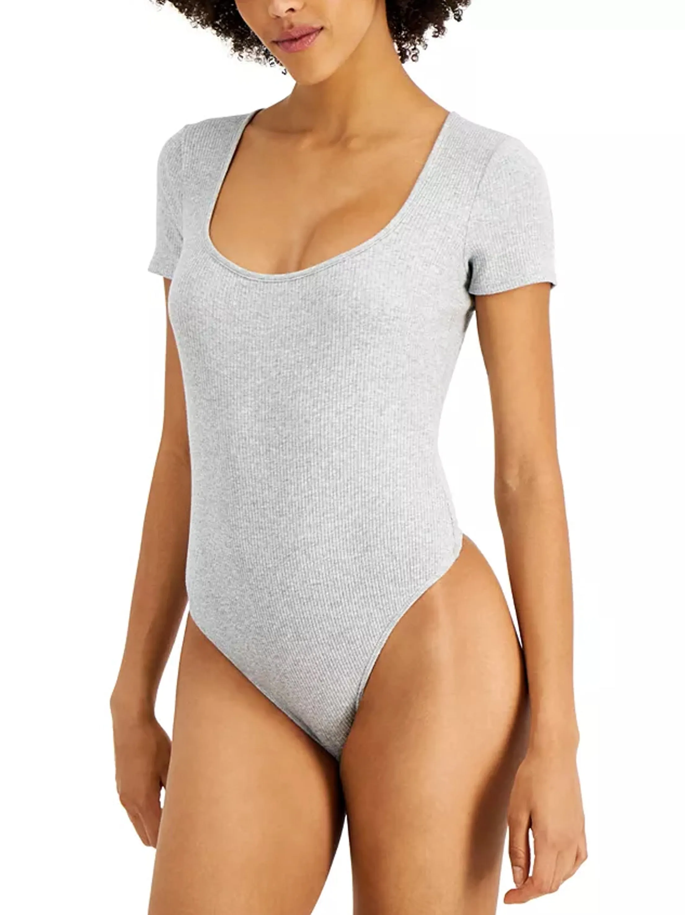 Body femme à col carré côtelé, Gris